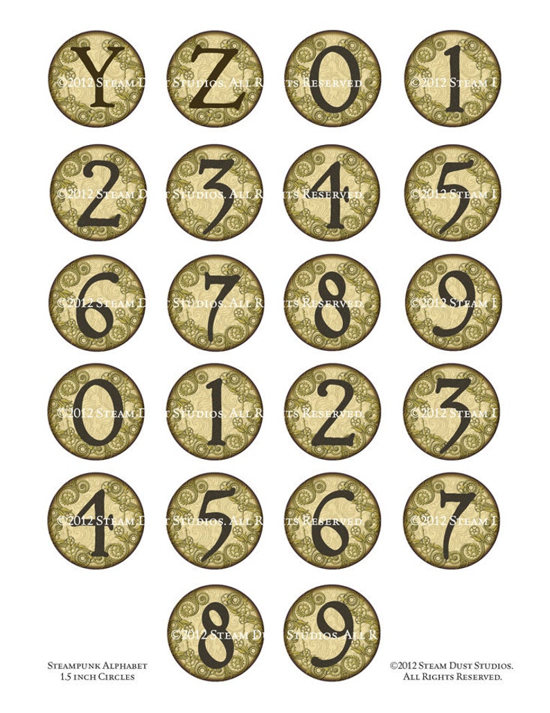 Jewelry Images, Cabochon Images Victorian Steampunk Alphabet, Numbers 1.5 Circles Coffee Stained Digital Collage, Steamduststudios image 5