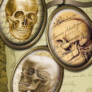Antiguo Goth cráneos con desplazamiento de Victorian, antiguo guión & mapas - 30x40mm Cameo tamaño óvalos - Collage Digital hoja - descarga inmediata