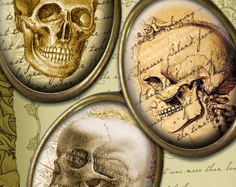 Antique Goth Skulls with Victorian Scroll, Antique Script & Maps - 30x40mm Cameo Size Ovals - Digital Collage Sheet - Instant Download
