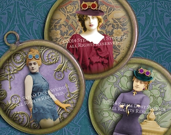 Victorian Steampunk Women Digital Collage Sheet - Hand-Tinted - 1.5 inch Circle Images - Steampunk Printables - Digital Downloads