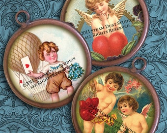 Victorian Valentines - Antique Cherubs, Hearts, Love - 1-Inch Circles - Digital Collage - Instant Download