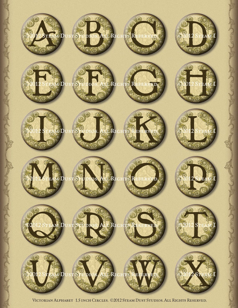 Jewelry Images, Cabochon Images Victorian Steampunk Alphabet, Numbers 1.5 Circles Coffee Stained Digital Collage, Steamduststudios image 2