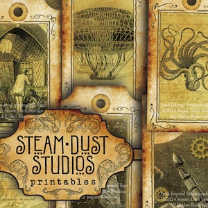 Victorian Steampunk Printables - Jules Verne, Kraken, Hot Air Balloons - Tags, Labels, Cards, Ephemera - Digital Collage - Steamduststudios