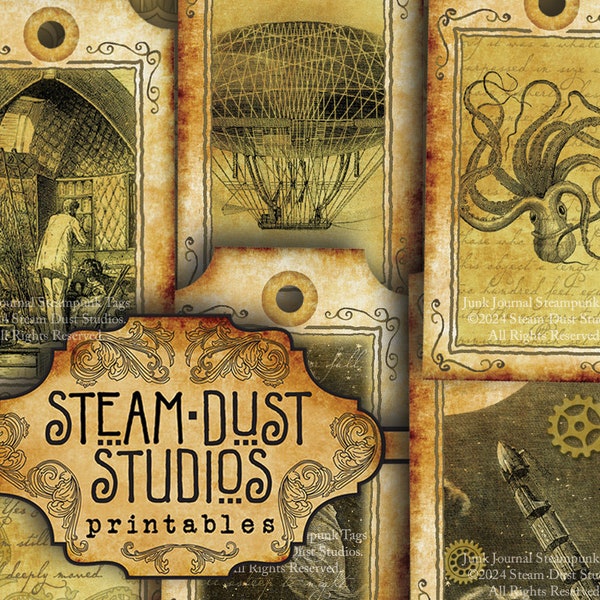 Victorian Steampunk Printables - Jules Verne, Kraken, Hot Air Balloons - Tags, Labels, Cards, Ephemera - Digital Collage - Steamduststudios