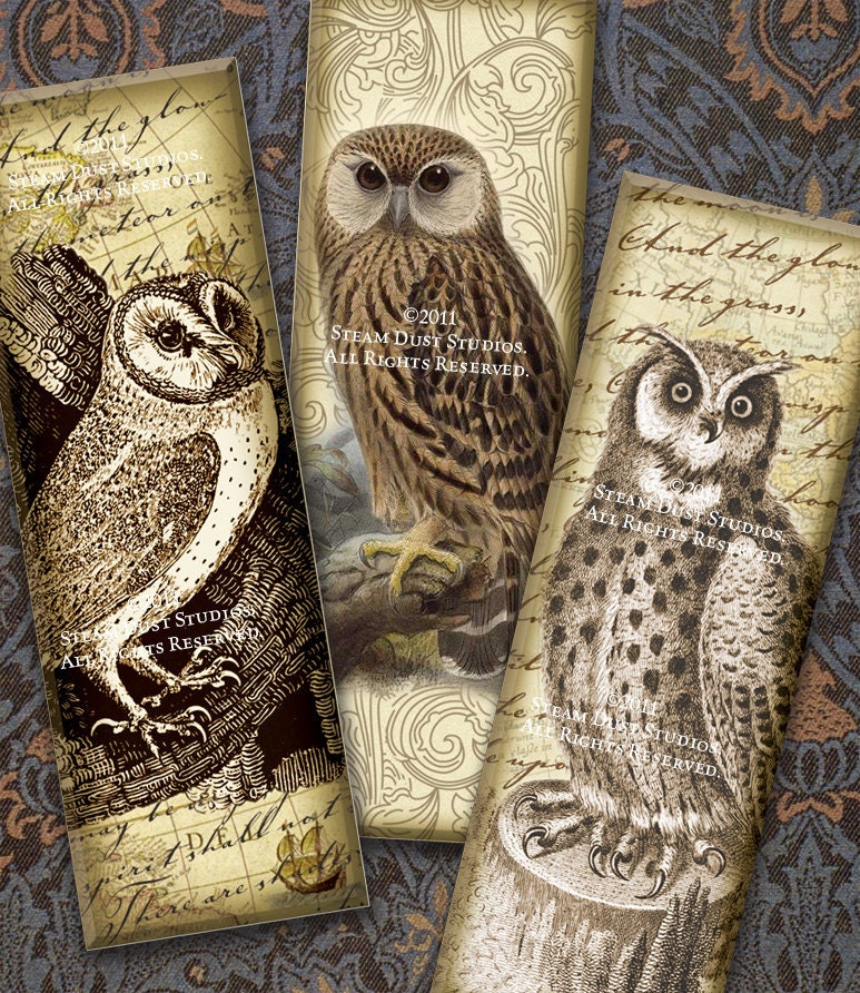 Junk Journal Stamps, Printables, Owl Ephemera, Scrapbook - 1x3" - Tea Stained Edges - Victorian