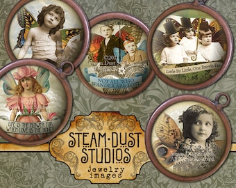 Printables, Jewelry Images, Cabochon Images - Victorian Fairy Children - 1" Circles, Coffee Stained - Digital Collage - Steamduststudios