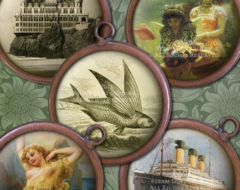 1 Zoll Kreisen-Sea Life viktorianischen Digital Collage Sheet-Sharks, Schiffe, Muscheln, SeaLife, Badenixen-Steampunk