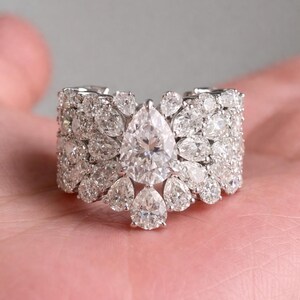 Anillo con diamantes creados en laboratorio / Plata de ley 925, chapado en oro blanco / Anillo con halo de diamantes talla pera y marquesa (hipoalergénico)