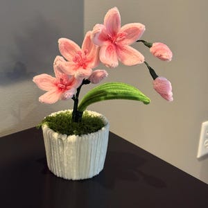May include: A decorative artificial orchid plant in a white textured pot. The plant features pink flowers, green leaves, and a mossy base. The flowers have a detailed, textured appearance, and the pot has a ribbed design.