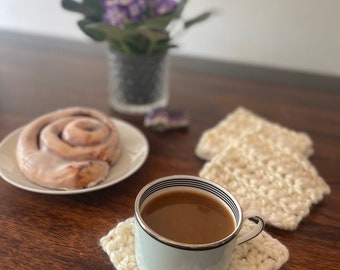 Rustic Farmhouse Coaster Set Ivory Chunky Knit Coaster Hostess Gift Farmhouse Decor Winter White Coaster Double Knit Coaster Lake House