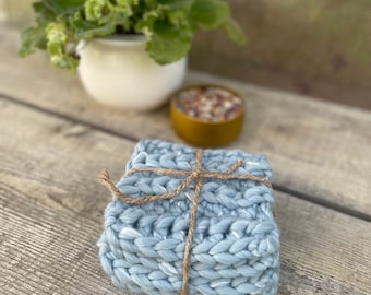 Denim Blue Coaster Set Chunky Knit Coaster Coastal Cottage Hostess Gift Rustic Farmhouse Decor Cottage Double Knit Coaster Beach House Vibes