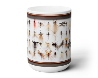 Taza de pesca con mosca, taza de pescador con mosca, regalo de trucha de arroyo, regalo de pesca de río, moscas atadas a mano, pesca con mosca retro, pesca con mosca vintage, taza grande de cerámica