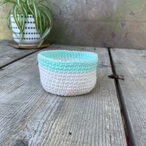 May include: A small, handmade crochet basket in white and light blue. The basket is cylindrical and sits on a weathered wooden surface. A potted plant with green and white striped leaves is in the background.
