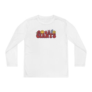 New York Giants Youth Girls Long Sleeve Shirt / Athletic Fit / Groovy Team Lettering and Emojis