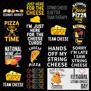 Puede incluir: Un fondo negro con varios gráficos y textos relacionados con el queso. El texto incluye "Celebra la diversidad", "Solo aquí por el queso", "El queso en hebras es mejor que la terapia", "Día Nacional de la Pizza de Queso", "Pizza Time" y "Día Nacional del Vino y el Queso".