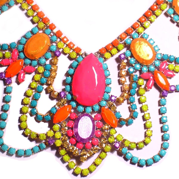 One of a Kind Neon Handpainted Vintage Rhinestone Necklace