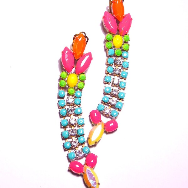 One of a Kind Neon Handpainted Vintage Rhinestone Earrings