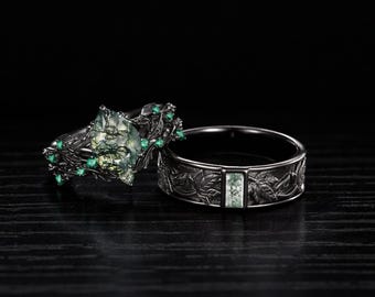 Moss Agate Couples Ring Set, Sterling Silver Vine Leaf Emerald Wedding Band