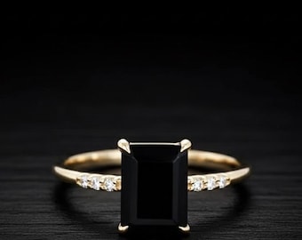 Anillo de aniversario de ónix negro con corte esmeralda, plata de ley 925, alianza para mujer