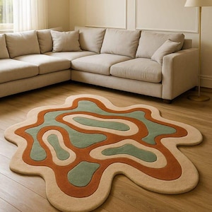 Irregular Shape Hand Tufted Rug, Abstract Scandinavian Carpet, Modern Bedroom Rug, Luxury Floor Decor