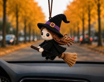 Szydełkowa zawieszka do samochodu w kształcie czarownicy, ozdoba na lusterko wsteczne na Halloween, ręcznie robiona ozdoba wiedźmy z amigurumi, uroczy upiorny prezent na samochód