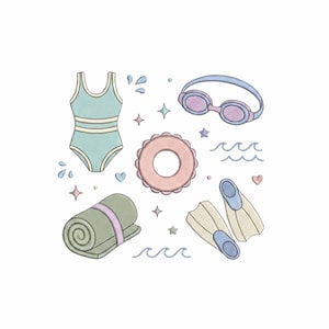 May include: An illustration of swimming accessories, including a light blue swimsuit, pink and blue swim goggles, a pink inflatable ring, a rolled green towel with a purple strap, and a pair of light yellow and blue flippers. Decorative elements include water droplets, stars, hearts, and waves.