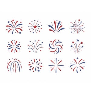 Può includere: Una collezione di dodici illustrazioni stilizzate di fuochi d'artificio in rosso e blu. Ogni design presenta esplosioni di linee e forme di stelle, perfette per temi patriottici o celebrativi. I fuochi d'artificio sono su sfondo bianco.