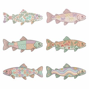 Dekorative Fische Stickerei Bundle, Blumen Patchwork Coquette Lachs Maschinenstickdateien