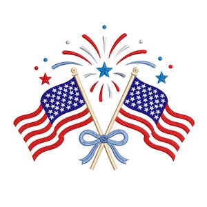 Può includere: Design ricamato con due bandiere americane incrociate con un fiocco blu, strisce rosse e bianche e un campo di stelle bianche su sfondo blu. Fuochi d'artificio e stelle completano il tema patriottico.