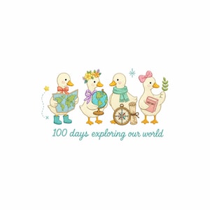 May include: A graphic illustration of four light yellow ducks with orange beaks and feet. The ducks hold a world map, a globe, a compass with a scroll, and a pink book labeled HISTORY. The text 100 days exploring our world is below.
