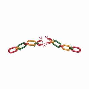 Op de afbeelding: Illustratie van een gebroken ketting. De schakels zijn rood, groen en geel, met een gebroken gedeelte in het midden. De achtergrond is effen wit.