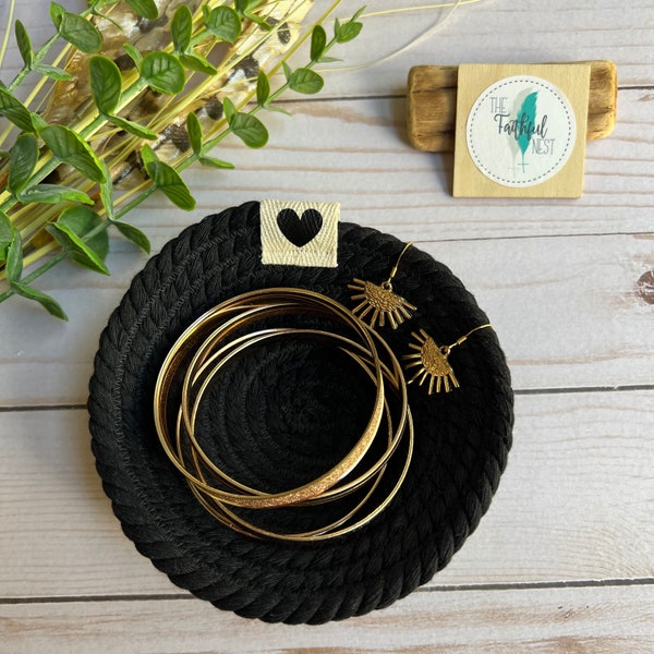 Black Rope Bowl with heart tag, ring dish, decorative storage, small storage basket, hair tie storage, gift for wife, girls room decor, bows