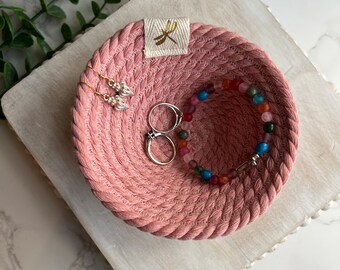 Dragonfly ring dish, Bracelet storage, pink rope bowl, hair bow holder, jewelry dish, gifts for girls, hair tie holder, stocking stuffers