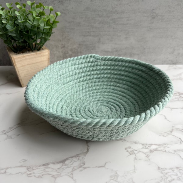 Customizable sage green rope bowl, select the tag, key drop bowl, rope basket storage options, neutral nursery storage, boho home decor