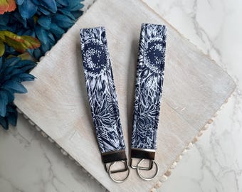 Sunflower Fabric Keychain Wristlet: Navy Blue Floral Key Fob
