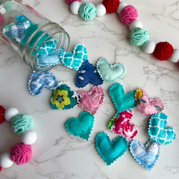 Heart shaped bowl fillers for tiered tray decorating, Jar fillers for Valentine's Day, assorted mini blue and teal fabric hearts, love theme