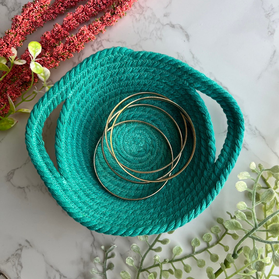 Small Decorative Tray, Teal Rope Tray, Small Rope Basket With Handles