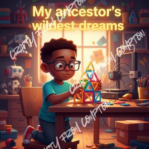 Op de afbeelding: Illustratie van een jong kind met een bril en een turquoise shirt, spelend met kleurrijke geometrische blokken. De tekst "My ancestor's wildest dreams" staat boven het kind. Een 3D-printer en speelgoed staan op de achtergrond.