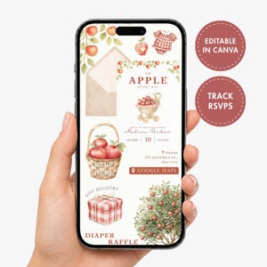 Può includere: Un invito digitale per baby shower visualizzato sullo schermo di uno smartphone con illustrazioni ad acquerello di mele, un cesto di vimini, un regalo e testo che include The Apple of Our Eye, Madisan Parker, October 10 e Google Maps.