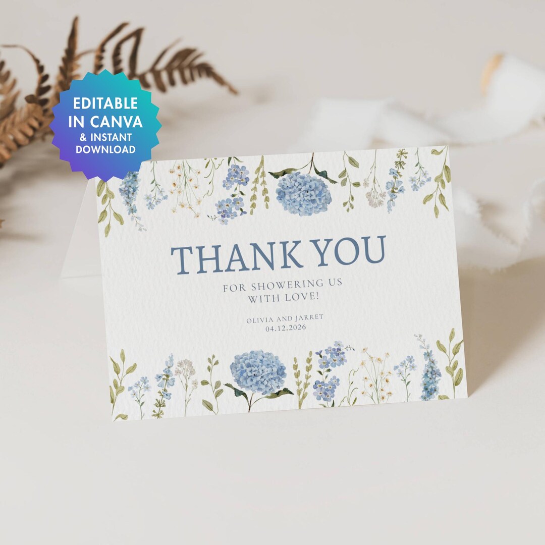 Baby in Bloom Thank You Card | Blue Floral Baby Shower Thank You | Baby ...