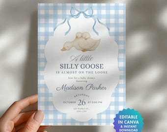 Invitation idiote de baby shower d'oie | Vichy bleu | Modèle de toile modifiable