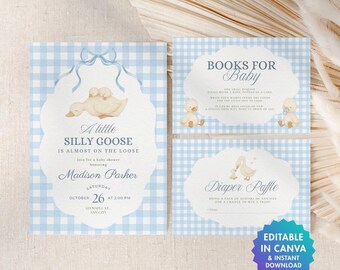 Ensemble d'invitations pour baby shower Silly Goose | Vichy bleu (modèles canva modifiables)