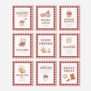 Op de afbeelding: Een set van negen rechthoekige evenementenborden met een rood-witte gingham rand. Elk bord heeft een witte achtergrond met aquarelillustraties van appels, manden en etenswaren, vergezeld van teksten zoals Guest Book, Books and Gifts, Diaper Raffle, Favors, Food and Drinks, Late Night Diapers, Mom-osa Bar, How Many Apples en Sweet Treat.