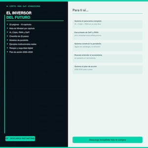 Puede incluir: Anuncio de producto digital con esquema de color turquesa y blanco. El lado izquierdo enumera temas como "El inversor del futuro" y "Cripto, RWA y DeFi". El lado derecho enumera temas como "Construye tu cartera" y "Entiende el ecosistema".