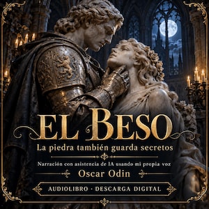 Puede incluir: Una portada de audiolibro digital con una estatua de mármol de un caballero con armadura abrazando a una mujer. El texto dice: EL BESO, La piedra también guarda secretos, Narración con asistencia de IA usando mi propia voz, Oscar Odin, AUDIOLIBRO, DESCARGA DIGITAL.