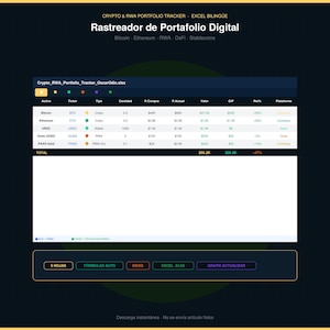 Könnte beinhalten: Eine digitale Portfolio-Tracker-Tabelle mit dem Titel "Crypto & RWA Portfolio Tracker" und "Rastreador de Portafolio Digital". Die Tabelle zeigt Daten für Bitcoin, Ethereum, USDC, Ondo OUSG und PAXG Gold. Excel-Format.