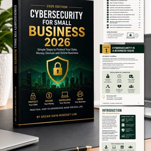 May include: A black book titled Cybersecurity for Small Business 2026 by Oscar Odin Mindset Lab. The cover features gold text, a shield icon with a padlock, and a city skyline. Two interior pages are visible, showing a table of contents and chapter one.