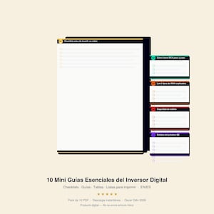 Puede incluir: Una guía digital titulada "10 Mini Guías Esenciales del Inversor Digital" con listas de verificación, guías y tablas. La guía incluye secciones sobre inversión en criptomonedas, DCA, RWA, seguridad de billeteras y señales GE. Es un producto digital.