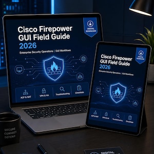 May include: A laptop and tablet displaying the Cisco Firepower GUI Field Guide 2026, featuring a blue shield icon with a flame, text for Enterprise Security Operations, and icons for ACP & NAT, VPN & HA, Troubleshooting, and Checklists.