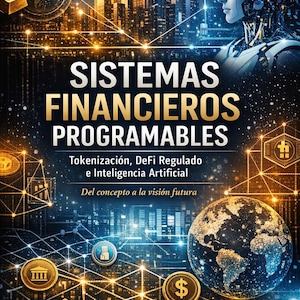 Op de afbeelding: Boekomslag met de titel "SISTEMAS FINANCIEROS PROGRAMABLES" in grote gouden letters. De cover toont een futuristisch stadsbeeld, een robotgezicht en een wereldbol met financiële iconen. De tekst bevat "Tokenisatie, Gereguleerde DeFi en Kunstmatige Intelligentie."